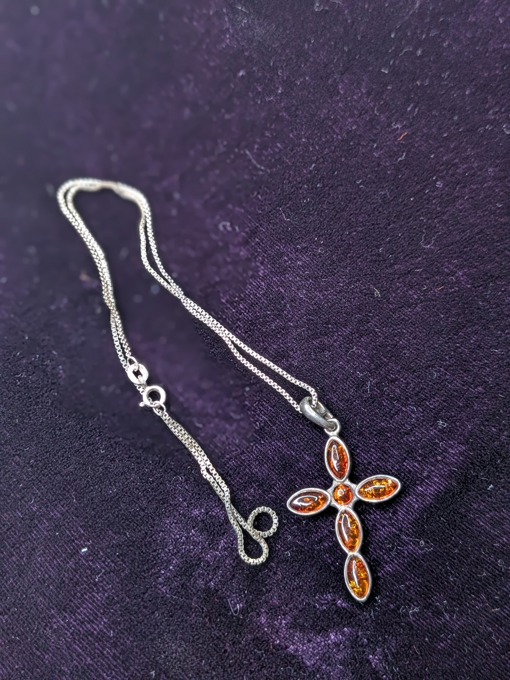 Sterling Silver Cross Necklace with Amber Stones - ~18"
